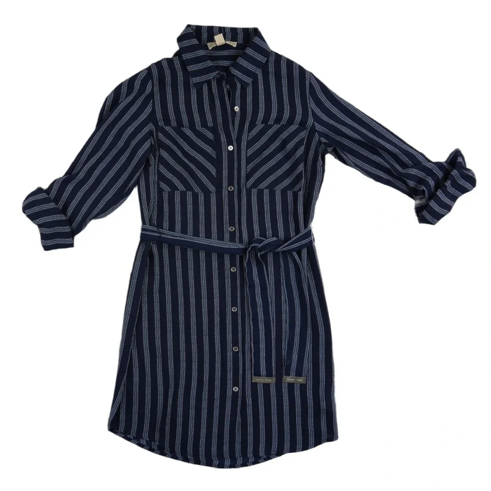 NWT Michael Michael Kors Shirt‎ Dress Women's Size 6 Navy Blue Belted Striped